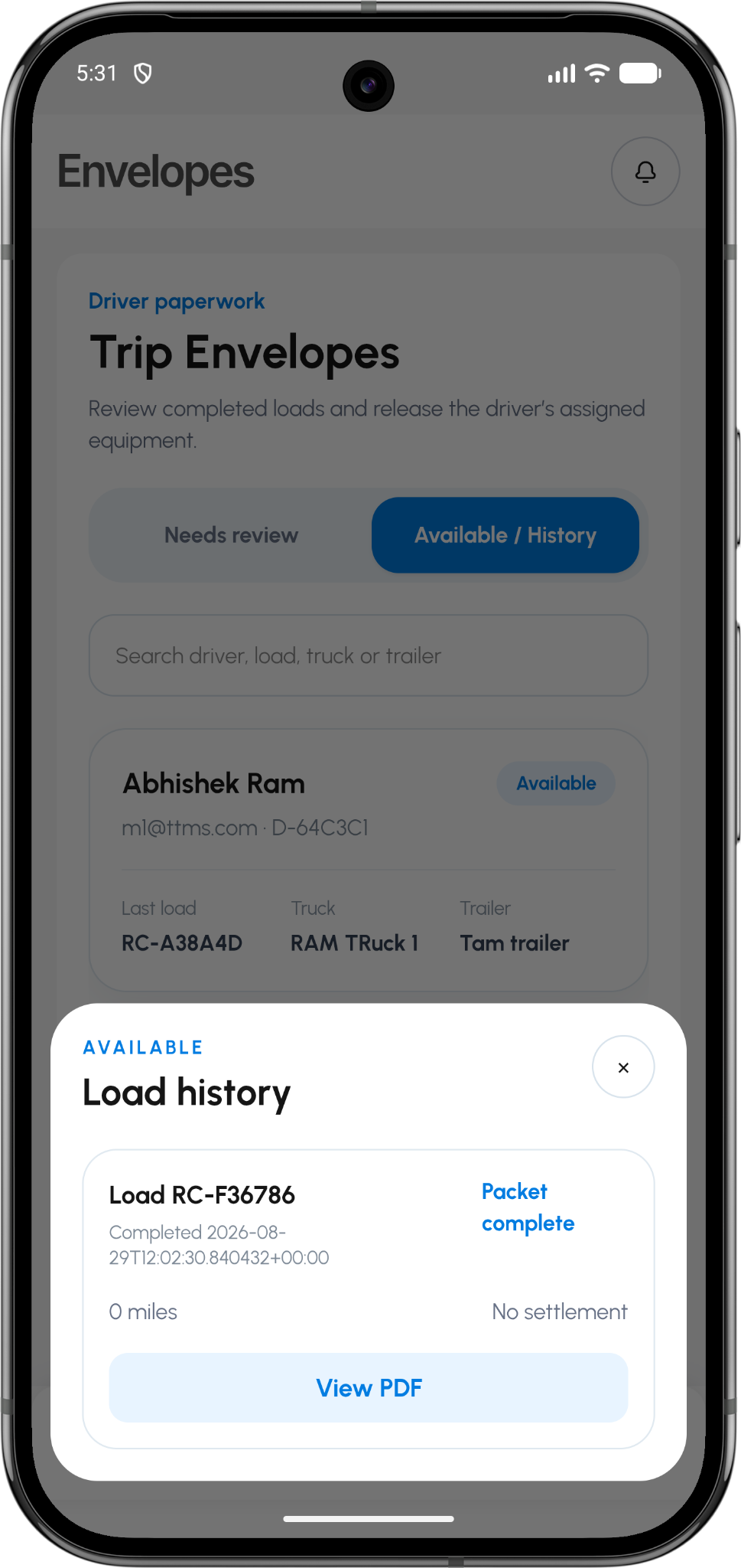 TTMS Fleet Mini load history and PDF screen